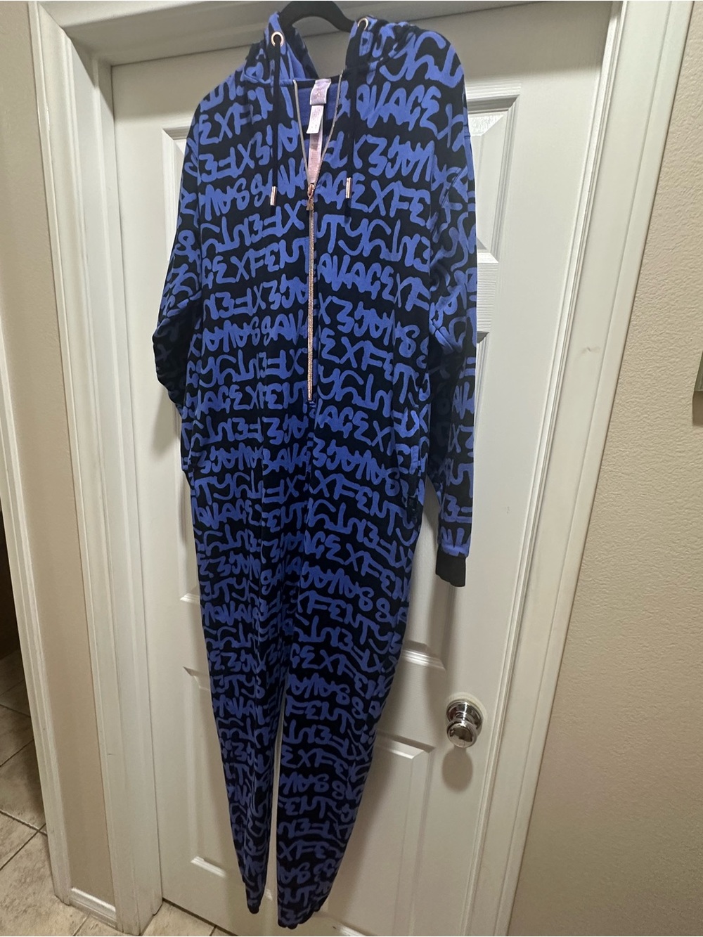 Savage X Fenty blue graffiti logo print hooded fleece jumpsuit